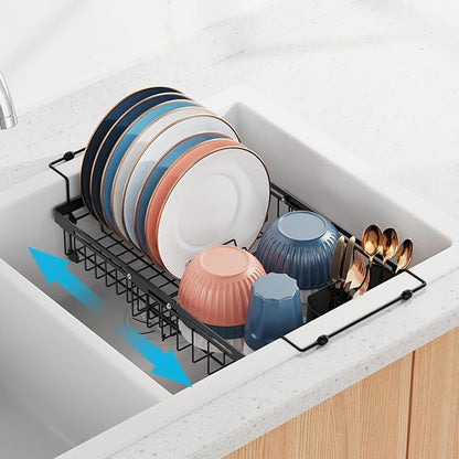 iSPECLE Expandable Dish Drying Rack for Large Kitchen Sink, eavy Duty Adjustable Over Sink Dish Drainer with Square Corners, Rust Resistant with Lock Knob, Fit for Modern Single & Double Sinks, Black
