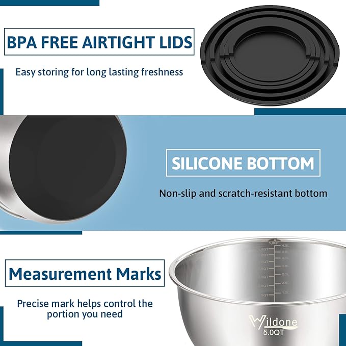Wildone Mixing Bowls with Airtight Lids, Stainless Steel Nesting Mixing Bowls Set of 5, with Non-slip Silicone Bottoms, Size 8, 5, 3, 2, 1.5 QT, Stackable Design, Great for Mixing and Prepping - Image 3