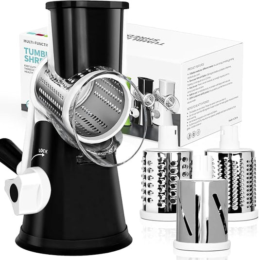 X Home Rotary Cheese Grater for Kitchen, Shredder with 3 Interchangeable Blades, Rotary Grater with Handle and Strong Suction Base, for Vegetables, Fruit, Nuts, Easy to Use and Clean, Black by XHome