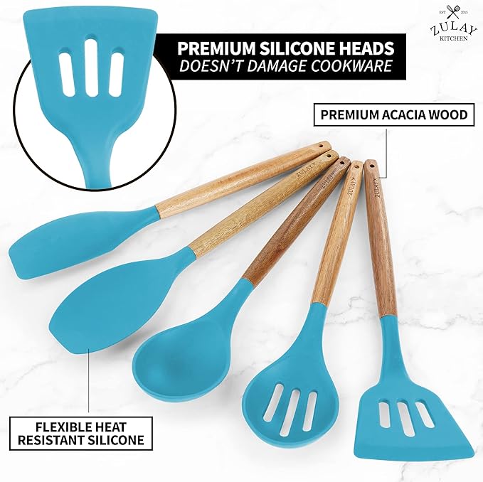 Zulay Kitchen Non-Stick Cooking Utensils Set with Authentic Acacia Wood Handles – 5-Piece Durable & Stylish Silicone Kitchen Utensils Set – Heat Resistant to 464°F – Blue - Image 2