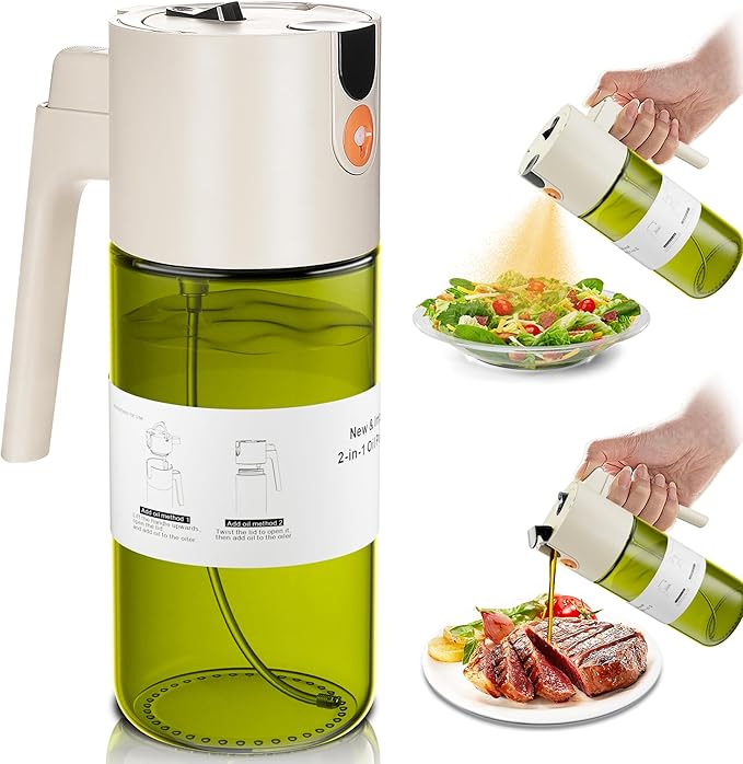 OURCABECUE Upgrade 2 in 1 Oil Sprayer for Cooking, 17oz Light-Blocking Glass Olive Oil Dispenser Bottle for Kitchen,Food-Grade Oil Mister with 8 Stickers for Salad, Frying (Green Bottle-White Gap) by OURCABECUE