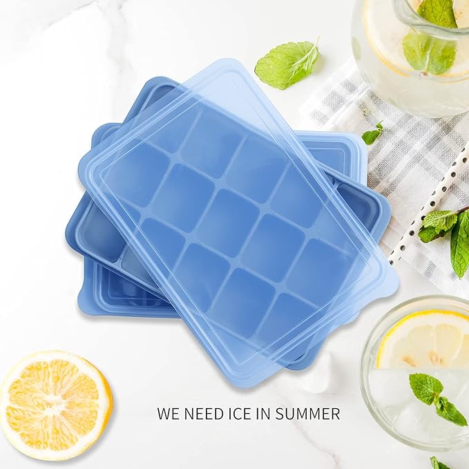 Ice Cube Trays Set of 2, Easy Release 15 Flexible Silicone Ice Cube Molds with Removable Lid Reusable Freezer Ice Trays Stackable for Whiskey, Baby Food, BPA Free (BLUE) - Image 4