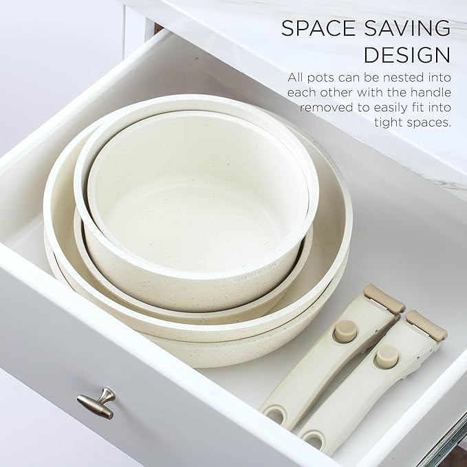 Country Kitchen Cookware Set with Removable Handle, Oven & RV Safe Pots and Pans Set, Cream, Deluxe Larger Set - Image 4