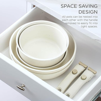 Country Kitchen Cookware Set with Removable Handle, Oven & RV Safe Pots and Pans Set, Cream, Deluxe Larger Set - Image 4