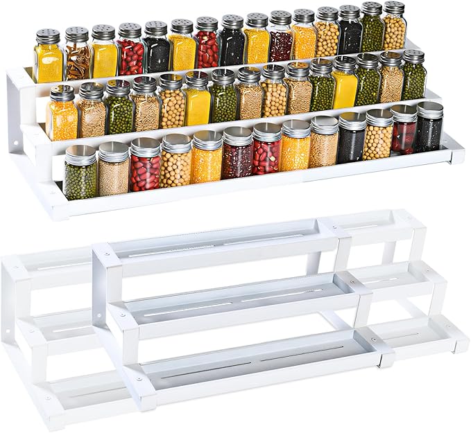 3-Tier Spice Rack Organizer for Kitchen Cabinet or Pantry, 16"-29" Expandable Spice Organization Shelf, Seasoning Organizer, Metal Display Shelf, Slip-Resistant Design for Jars and Bottles, White by GOENDR
