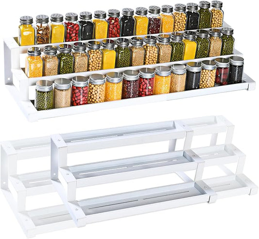 3-Tier Spice Rack Organizer for Kitchen Cabinet or Pantry, 16"-29" Expandable Spice Organization Shelf, Seasoning Organizer, Metal Display Shelf, Slip-Resistant Design for Jars and Bottles, White by GOENDR