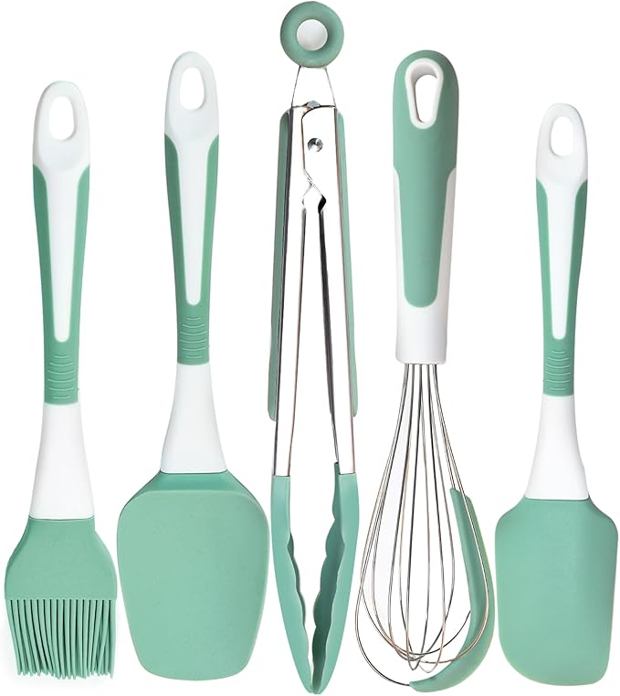Silicone Kitchen Cooking Utensils Set Heat Resistant, 5 Pcs Silicone Spatula Set for Baking Cooking Mixing, Silicone Cooking Utensils Set for Nonstick Cookware, Dishwasher Safe (Green), Medium by XoYoZo