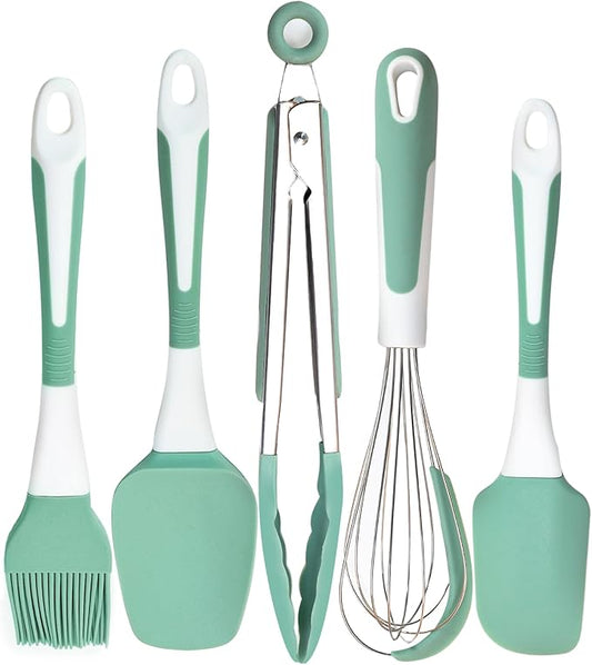 Silicone Kitchen Cooking Utensils Set Heat Resistant, 5 Pcs Silicone Spatula Set for Baking Cooking Mixing, Silicone Cooking Utensils Set for Nonstick Cookware, Dishwasher Safe (Green), Medium by XoYoZo