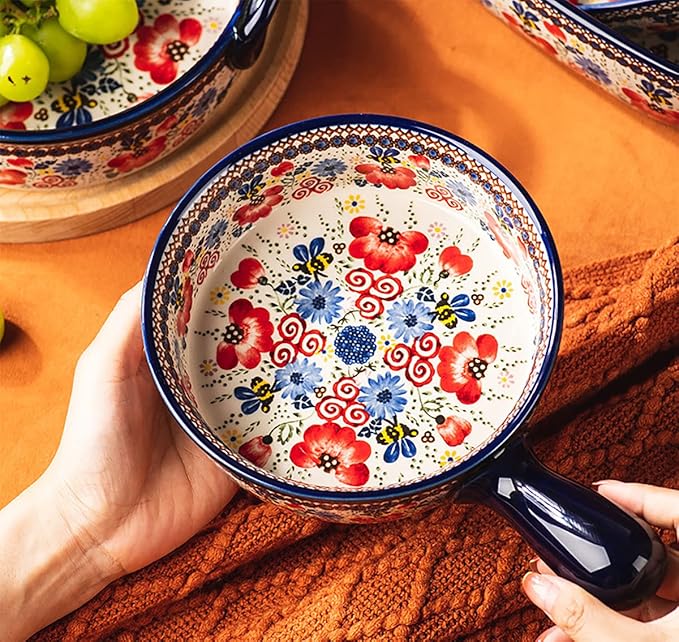 Vintage Flowers Style Ceramic Bakeware Casserole Dish Baking Pan Lasagna Pans Baking Dish with Handles for Oven/Cooking/Kitchen-1 PCS-Red Flowers-20 OZ - Image 5