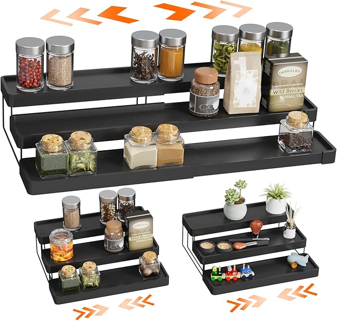 Expandable Spice Rack Organizer - 3 Tier Adjustable Spice Organizer for Cabinet & Countertop - Easy Visibility - Black by invocoo