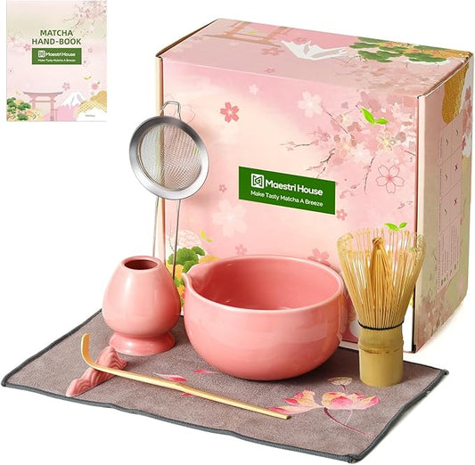 Maestri House Pink Matcha Whisk Set, 7-Pc Complete Matcha Kit with Spouted Ceramic Bowl, Bamboo Whisk and Holder, Scoop, Spoon Rest & Sifter, Tea Cloth – Ideal Gift for Matcha Lovers (Pink) by MaestriHouse