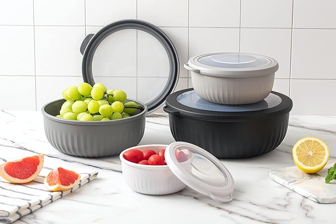 COOK WITH COLOR Prep Bowls with Lids- Wide and Deep Nesting Plastic Small Mixing Bowl Set with Lids, 8 Piece Set - Wide Bowls, Black/White - Image 6