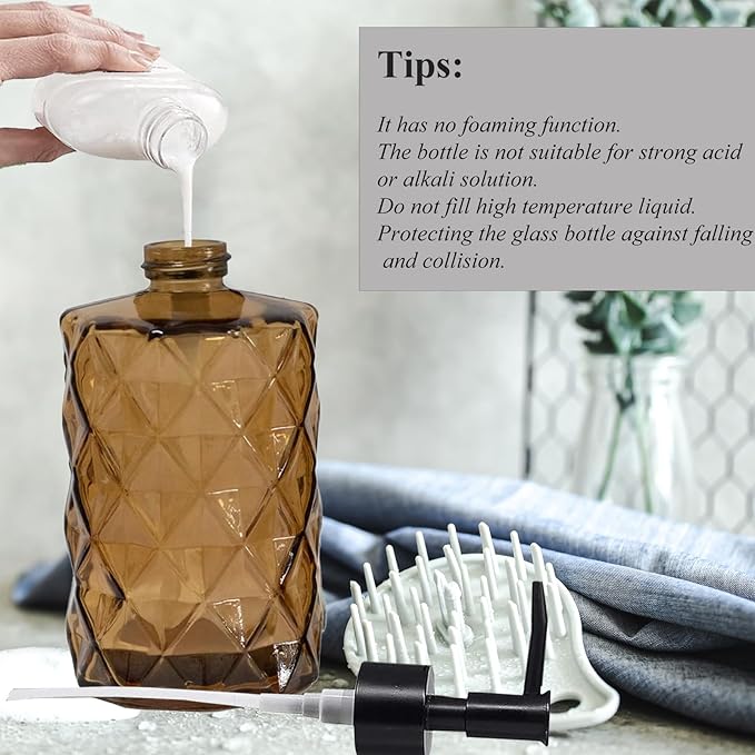 12Oz Small Glass Soap Dispenser with Black Plastic Pump, Brown Refillable Kitchen Countertop Liquid Hand Soap Dispensers with Diamond Design, Crystal Bathroom Lotion Bottle for Dispense Dish Soap