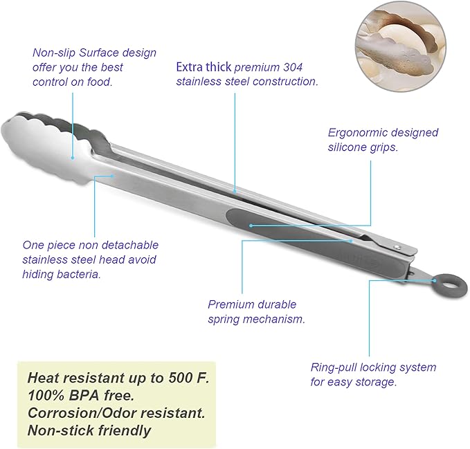 304 Stainless Steel Kitchen Cooking Tongs, 14" and 16" Set of 2 Sturdy Grilling Barbeque Brushed Locking Food Tongs with Ergonomic Grip, Grey - Image 5