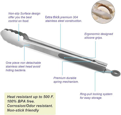 Premium 304 Stainless Steel Tongs Set – 12" Grill Tongs & 9" Cooking Tongs, Heat Resistant up to 600°F, Wavy Grip Head, Non‑Slip Handle with Locking Clip & Hanging Loop, Dishwasher Safe, Grey - Image 5