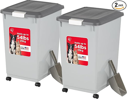 IRIS USA Dog Food Storage Container 54 lbs, 2-Pack with Wheels, Airtight Lid, 2-Cup Scoop, Double Pet Food Storage, Built in Scoop Storage in Lid, Versatile Pet Food Bin, Portable, Gray/Dark Gray by IRISUSA