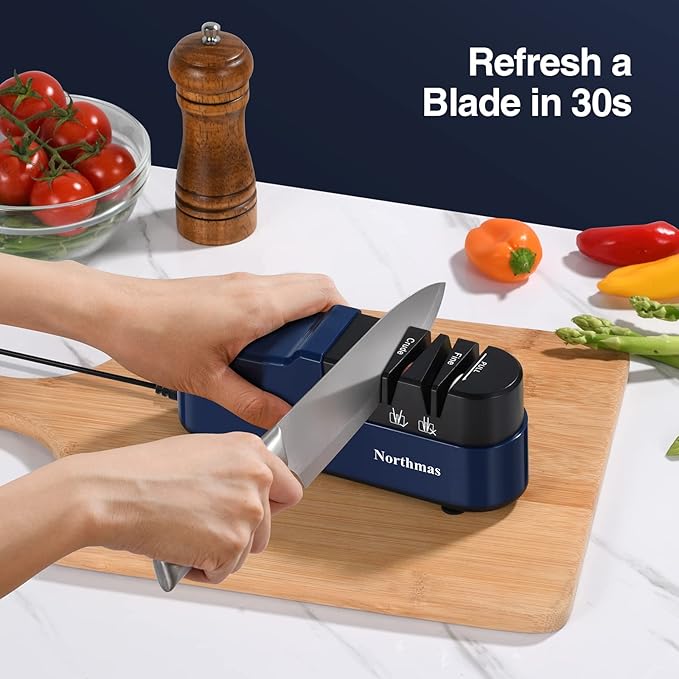 Northmas Knife Sharpener, Professional Electric Knife Sharpener for Home Use, 2 Stages for Quick Sharpening & Polishing, 100V-240V Global Voltage Design, Blue - Image 4