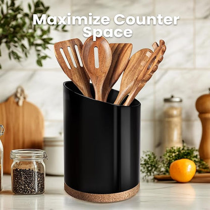 KITEISCAT Large Ceramic Utensil Holder for Kitchen Counter, Modern Crock with Slanted Top & Cork Mat, for Spatulas & Cooking Spoons, Black