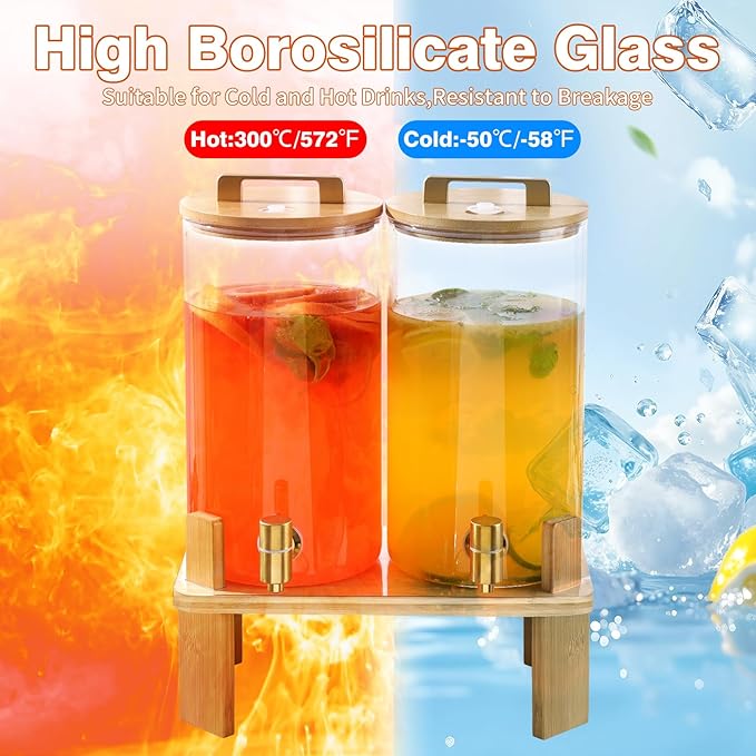 1.5 Gallon 2PCS Glass Drink Dispenser for Parties,Beverage Dispenser with Wooden Stand, Lemonade Dispenser,Juice Containers & Water Pitcher with Lid for Lemonade, Iced Tea and Party Drinks - Image 5