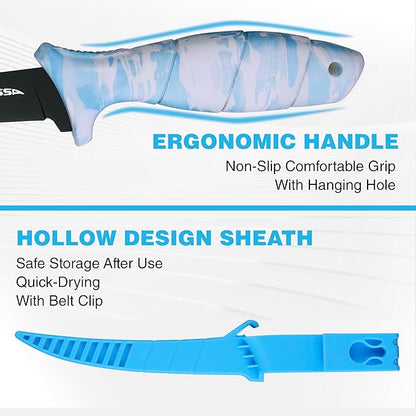 FLISSA Fillet Knife Set with 5"/6"/7"/9" Fillet Knives, Sharpener, Protective Sheath, Portable Roll Bag, Gifts for Fishermen, Saltwater & Freshwater Use