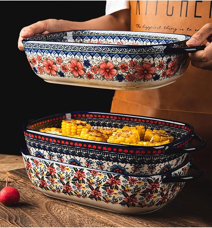 Vintage Style Pottery Bakeware Ceramic Casserole Dish Baking Pan Lasagna Pans Baking Dish with Handles for Oven/Cooking/Kitchen-1 PCS, Large Capacity, 60 OZ - Image 6