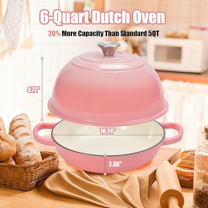 6QT Enameled Cast Iron Dutch Oven for Bread Baking – Sourdough Starter Kit with Cotton Basket, Bread Sling, Lame, Brush & Handle Cover – Multi-Purpose Pot for Baking, Frying, Braising – Pink