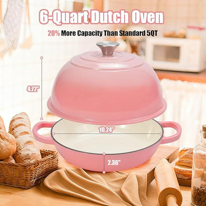 6QT Enameled Cast Iron Dutch Oven for Bread Baking – Sourdough Starter Kit with Cotton Basket, Bread Sling, Lame, Brush & Handle Cover – Multi-Purpose Pot for Baking, Frying, Braising – Pink