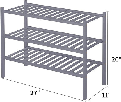 ROMGUAR CRAFT 3 Tier Bamboo Shoe Rack for Closet Free Standing Wood Shoe Shelf Storage Organizer for Entryway Small Space Stackable 27"x11"x20" (Grey) - Image 3