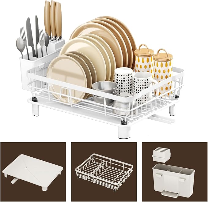 AIDERLY Iron Dish Drying Rack with Drainboard Dish Drainers for Kitchen Counter Extendable Spout Strainers with Utensil Holder and Knife Slots, White - Image 2