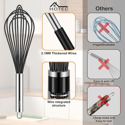 HOTEC 4 Pieces Silicone Whisks Set, Wire Balloon Whisks Egg Beater, Non-slip Handle Whisk for Non-stick Cookware Perfect for Cooking, Stirring, Beating and Blending (Black) - Image 6
