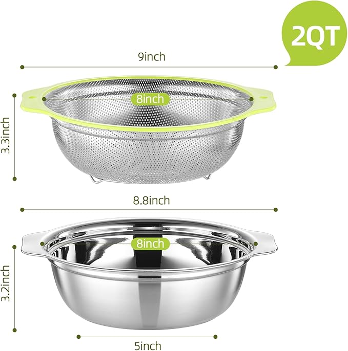 Colander Stainless Steel Microporous, 2QT Rice Strainer with Mixing Bowl, Rice Washer Bowl Set with Handle, Food-Grade Strainers and Colanders for Kitchen, Pasta, Fruit, Dishwasher Safe - Image 3
