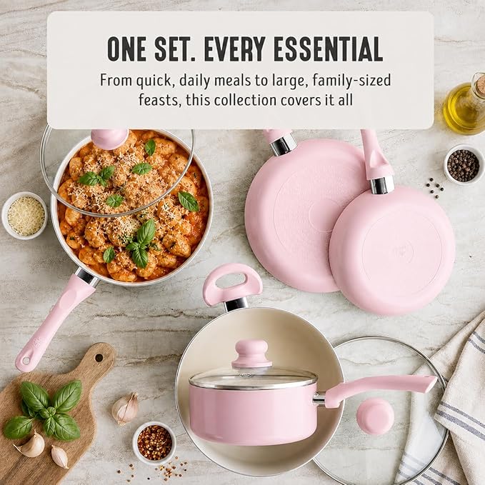 GreenLife 16-Piece Nonstick Cookware Set, Non-Toxic Ceramic Pots and Pans Set, Durable Healthy Kitchen Essentials, Fast Heating, Induction Ready, Easy Clean Dishwasher Safe, PFAS-Free, Blush Pink