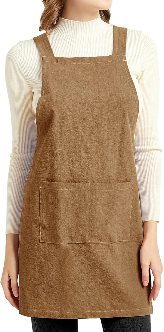 ELEZAY Aprons for Women with Pockets Plus Size Comfort Cross Back No Tie Cotton Linen Apron Pinafore