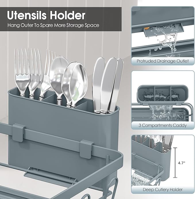 Urackify Dish Drying Rack for Kitchen Counter, Sink Dish Rack with Drainboard, Large Dish Drainer with Cups Holder, Home Countertop Plate Dryer Storage Rack with Cutlery Holder, Blue - Image 7
