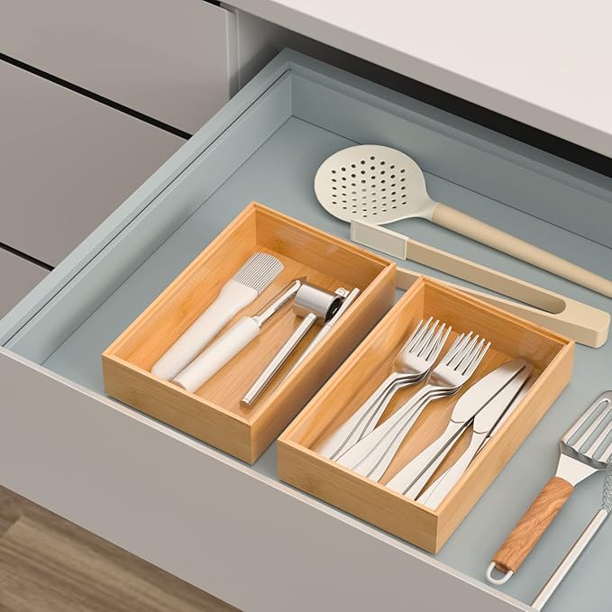 VeyFey Silverware Tray for Drawer, Stackable Kitchen Bamboo Drawer Organizer 9" x 6" x 2" Set of 2 - Image 3
