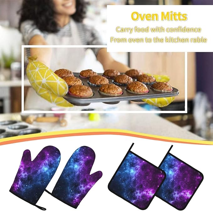 Cool Blue Purple Galaxy Oven Mitts and Pot Holders Sets of 4, Heat Resistant Silicone Oven Mittens and Potholders Gloves Hot Pads for Kitchen Cooking Baking Grilling BBQ Chef - Image 7