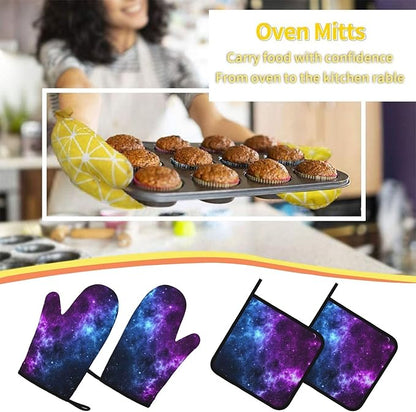 Cool Blue Purple Galaxy Oven Mitts and Pot Holders Sets of 4, Heat Resistant Silicone Oven Mittens and Potholders Gloves Hot Pads for Kitchen Cooking Baking Grilling BBQ Chef - Image 7