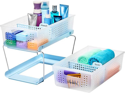 madesmart Two-Tier Bathroom Cabinet Organizer, Sliding Drawer Storage for Bottles, Sponges & Cleaning Supplies, Blue - Image 2