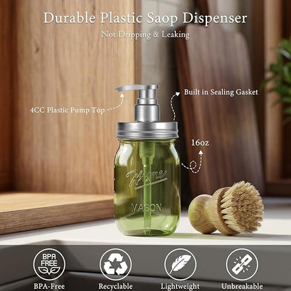 Amolliar Plastic Mason Jar Soap Dispenser with Pump Lid,16OZ Refillable BPA-Free Hand Soap Dispenser Set with Cute Lables, Farmhouse Decor for Kitchen/Bathroom, Liquid Dish Soap, Lotion(2 Pack, Green) - Image 2