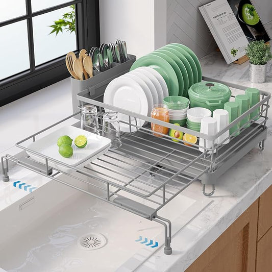 Kitsure Extendable Dish Drying Rack - Rust-Resistant Dish Racks for Kitchen Counter with Adjustable Support Legs, Cutlery Holder & Removable Draining Tray (Grey, 15.6''-25.2''L × 16.9''W × 8.1''H) by Kitsure