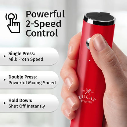 Zulay Kitchen Rechargeable Milk Frother Handheld Lux - Powerful 2-Speed Motor, Waterproof, 2000mAh Battery - Drink Mixer for Latte, Cappuccino, Matcha & Protein Powder - Scarlet - Image 4