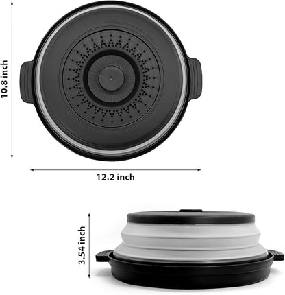 Microwave Food Cover With Handle - Collapsible And Vented Silicone Splash Guard With Tray - For Microwave Food Heating-Splash Guard Can Be Used As a Draining Basket For Washing Vegetables (Black)