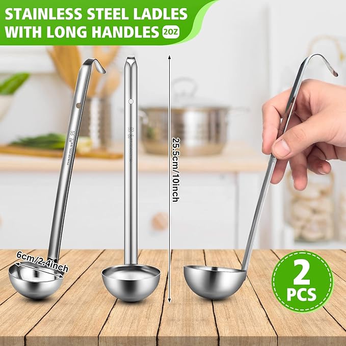 Potchen 10 Pcs Stainless Steel Soup Ladle Set Small Ladle Sturdy Long Handle Portion Control Serving Spoons for Cooking Sauce Gravy Stirring & Kitchen Home Use(2 oz) - Image 2