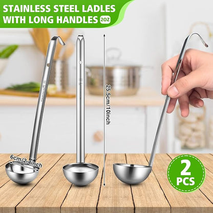 Potchen 10 Pcs Stainless Steel Soup Ladle Set Small Ladle Sturdy Long Handle Portion Control Serving Spoons for Cooking Sauce Gravy Stirring & Kitchen Home Use(2 oz) - Image 2