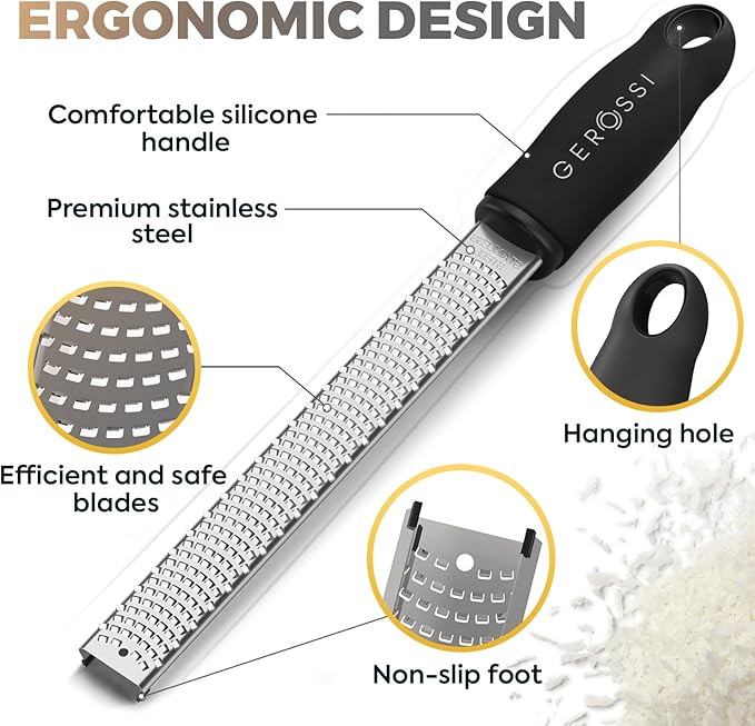 Stainless Steel Cheese Grater & Lemon Zester w/Extra Sharp Blade - Perfect for Lemon, Parmesan, Garlic, Chocolate - Spice Up any Dish in Seconds w/Your Premium Citrus Hand Grater with Handle - Black - Image 4