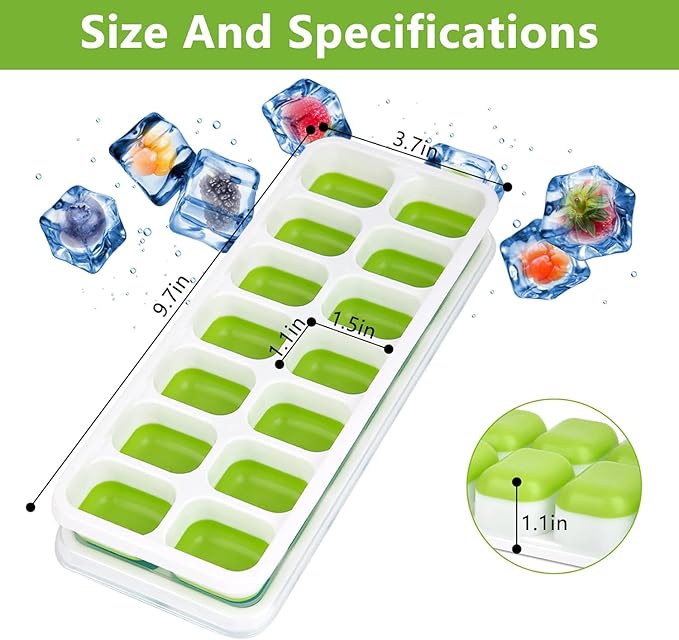 Ice Cube Trays, Silicone Easy-Release and Flexible 14-Ice Trays with Spill-Resistant Removable Lid, BPA Free, Durable and Dishwasher Safe, 2 Pack - Image 2