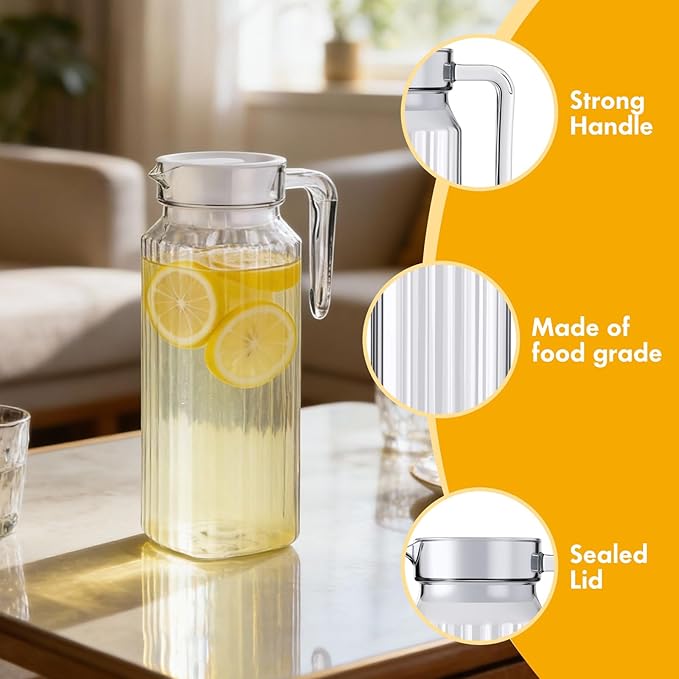 Didaey 4 Pcs Acrylic Water Pitcher with Lid, Spout Handle Clear Plastic Pitcher Heat Resistant Carafe Unbreakable Beverage Container Fridge Jug for Juice Ice Tea Sangria Lemonade(37 oz,Stripe)