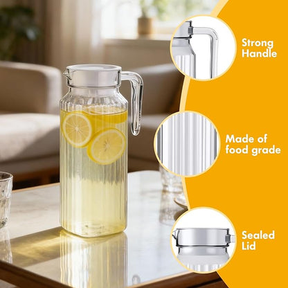 Didaey 4 Pcs Acrylic Water Pitcher with Lid, Spout Handle Clear Plastic Pitcher Heat Resistant Carafe Unbreakable Beverage Container Fridge Jug for Juice Ice Tea Sangria Lemonade(37 oz,Stripe)