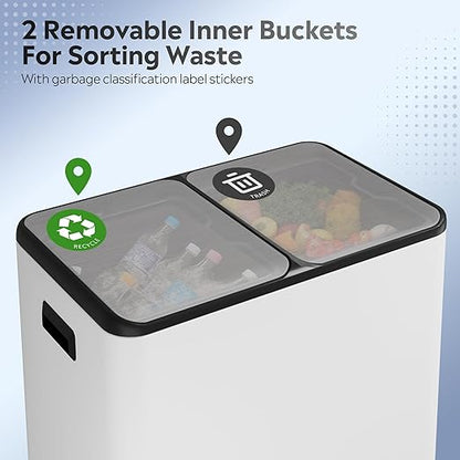 WLIVE 2 x 8 Gallon Stainless Steel Dual Trash Can, Double Trash Can Kitchen with Soft-Close Lid, Trash and Recycle Bin Combo, Kitchen Garbage Can with Deodorizing Filter Box and Inner Buckets, White