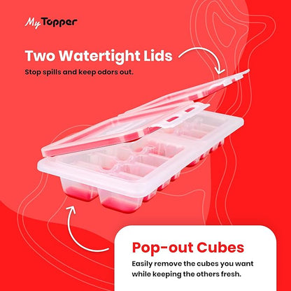 IceTopper Plus Ice Cube Tray with 2 Attached Lids - Easy Release Ice Cube Molds, 16 Cubes per Tray, Stackable & Dishwasher Safe, 100% Food Grade Silicone, BPA Free & Recyclable (4 Pack)